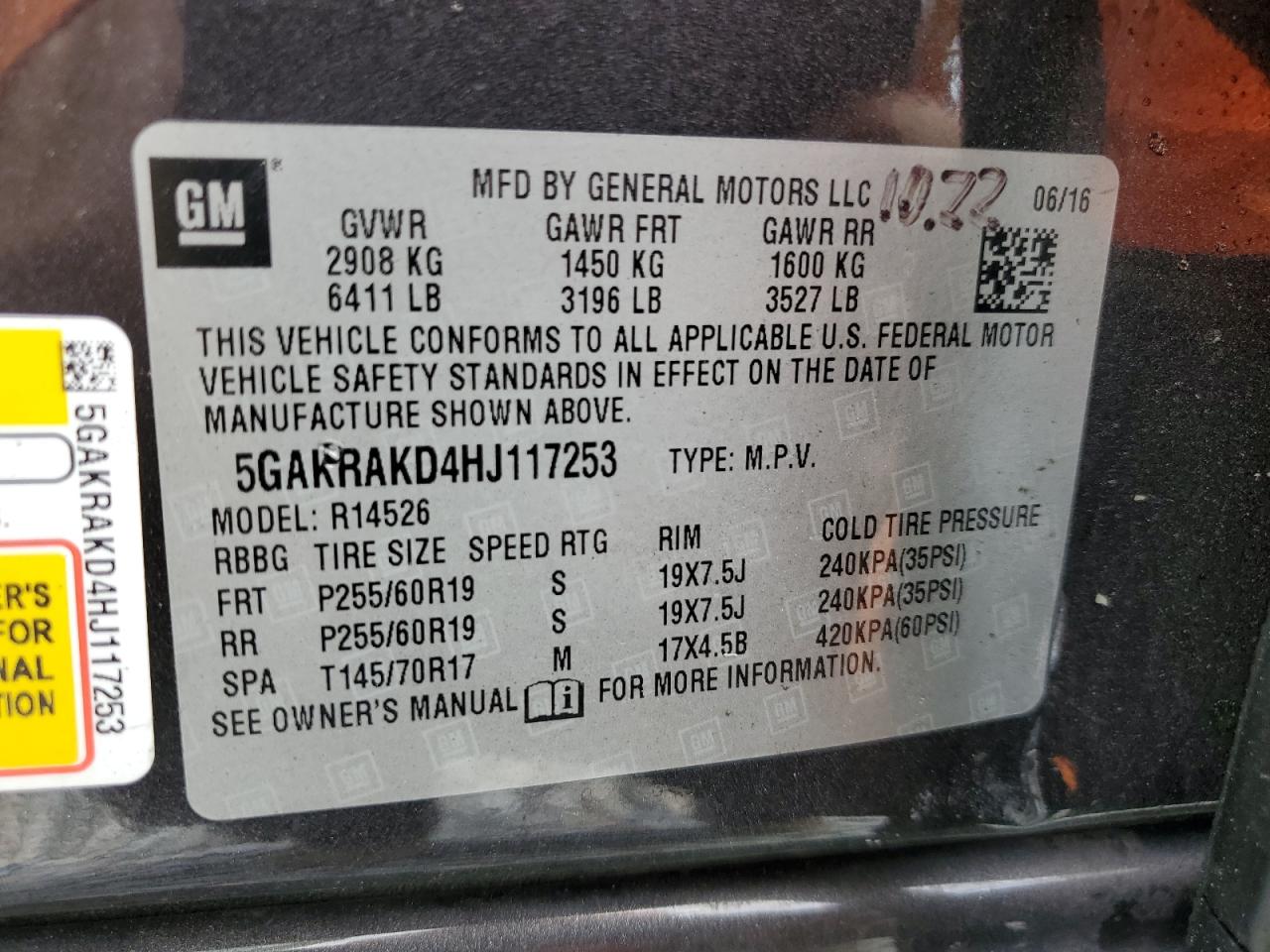 2017 Buick Enclave VIN: 5GAKRAKD4HJ117253 Lot: 91786605