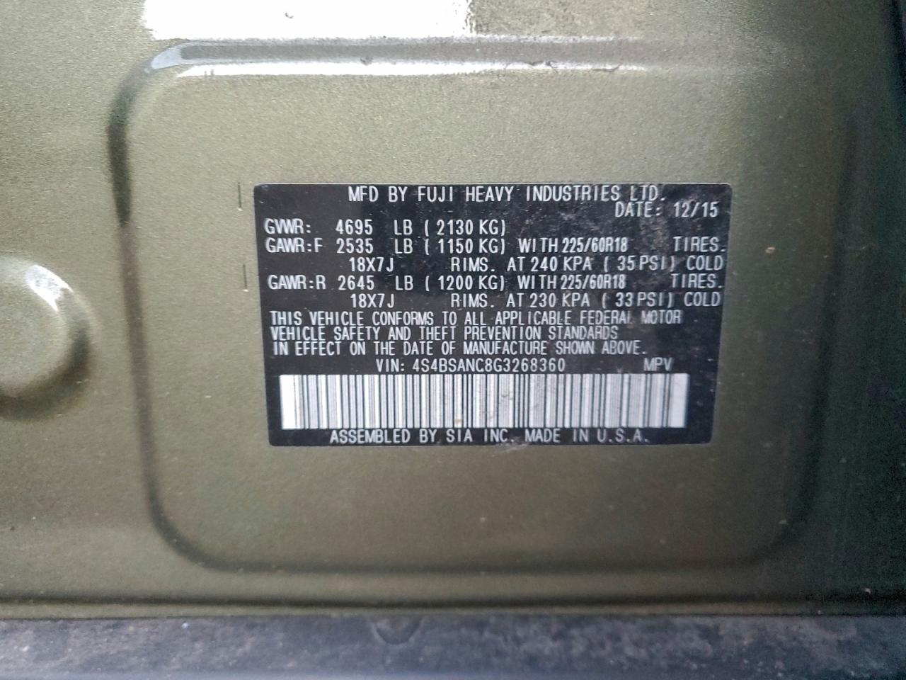 2016 Subaru Outback 2.5I Limited VIN: 4S4BSANC8G3268360 Lot: 93724755