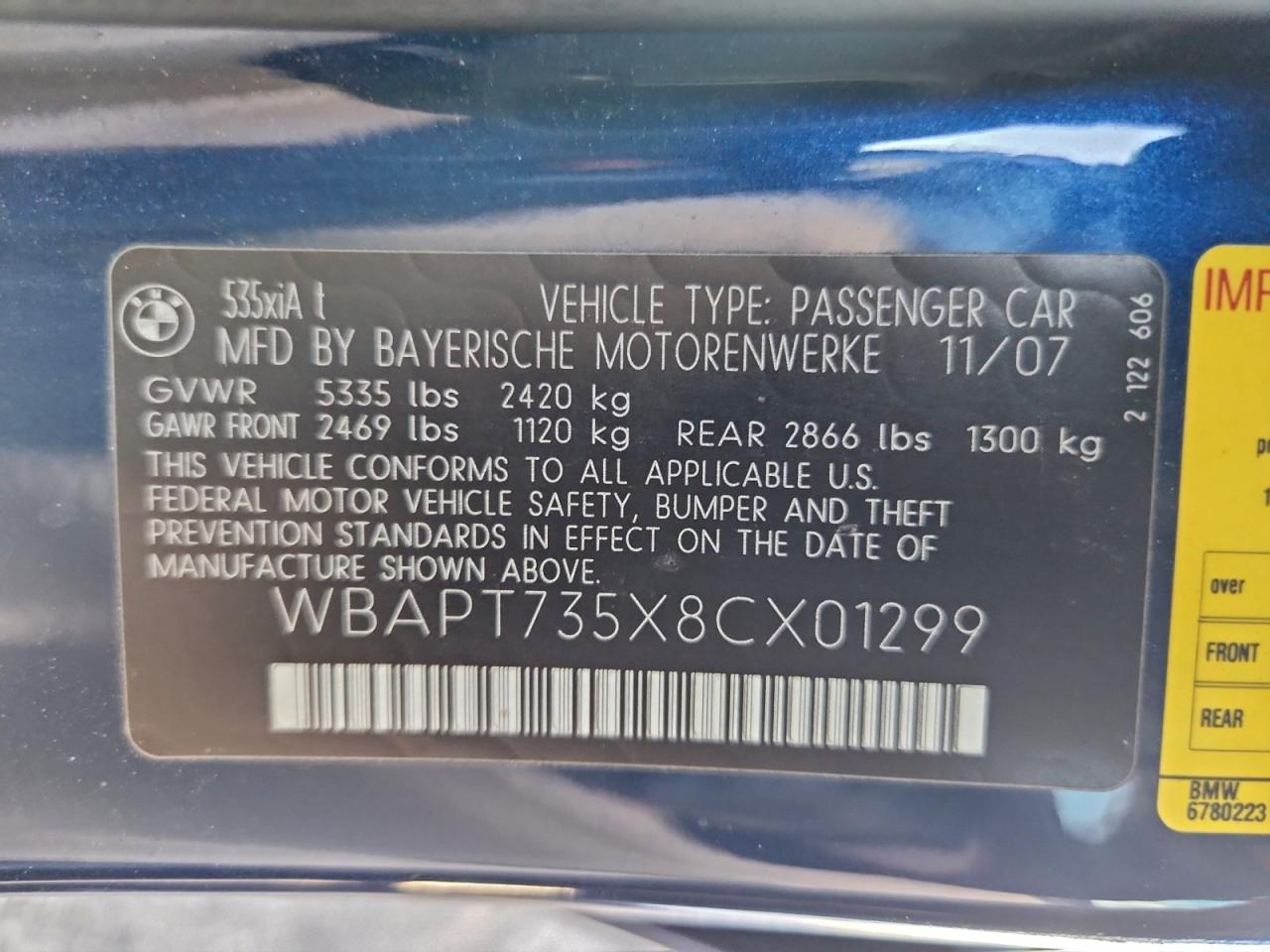 2008 BMW 535 Xi VIN: WBAPT735X8CX01299 Lot: 94713285