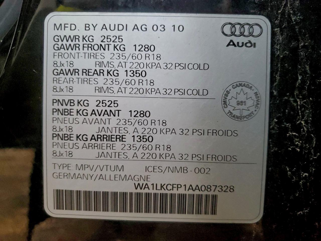 2010 Audi Q5 Premium Plus VIN: WA1LKCFP1AA087328 Lot: 93417485