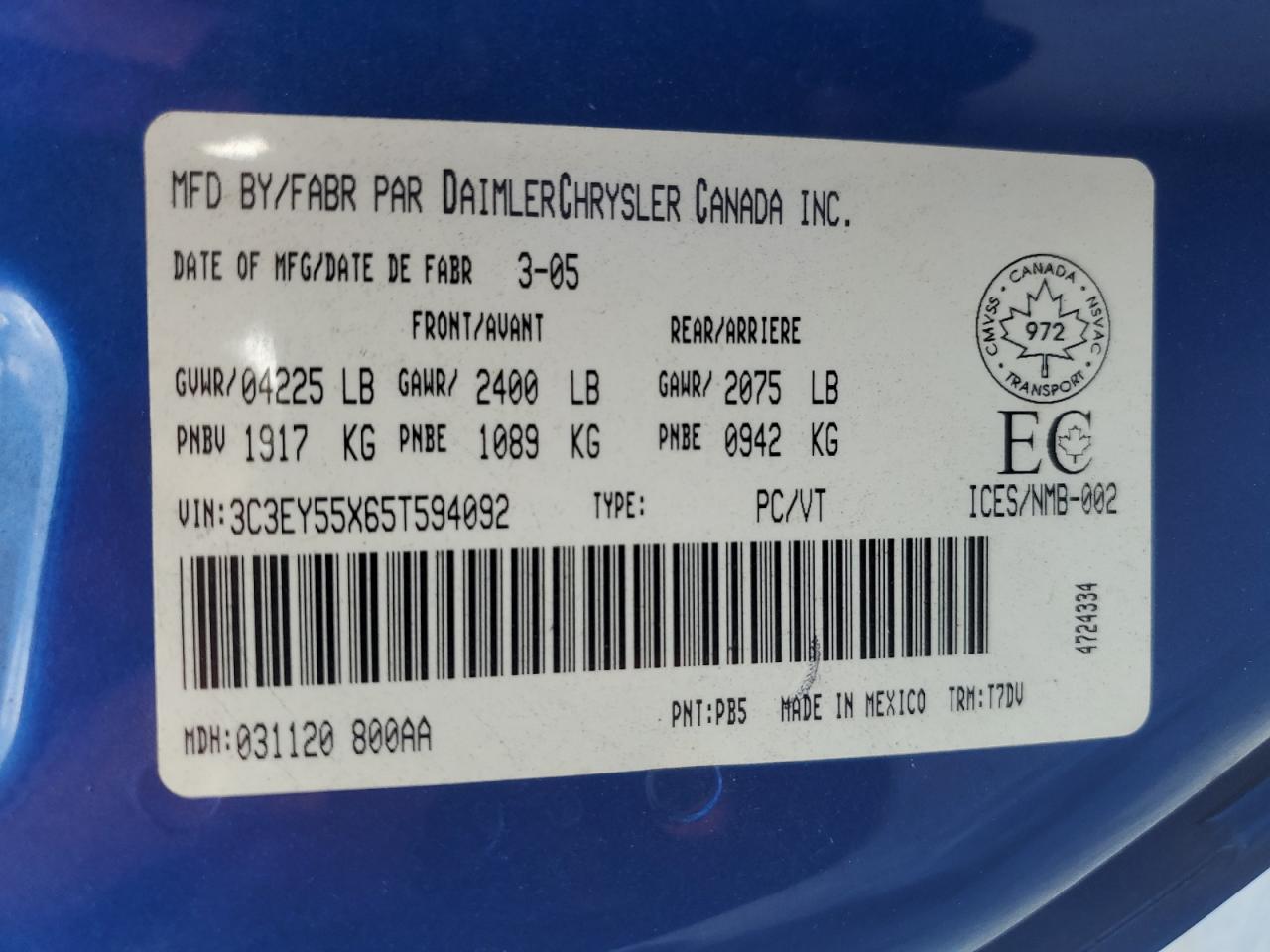 2005 Chrysler Pt Cruiser Touring VIN: 3C3EY55X65T594092 Lot: 90450725