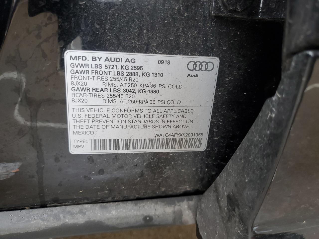 2019 Audi Sq5 Prestige VIN: WA1C4AFYXK2001355 Lot: 93430075