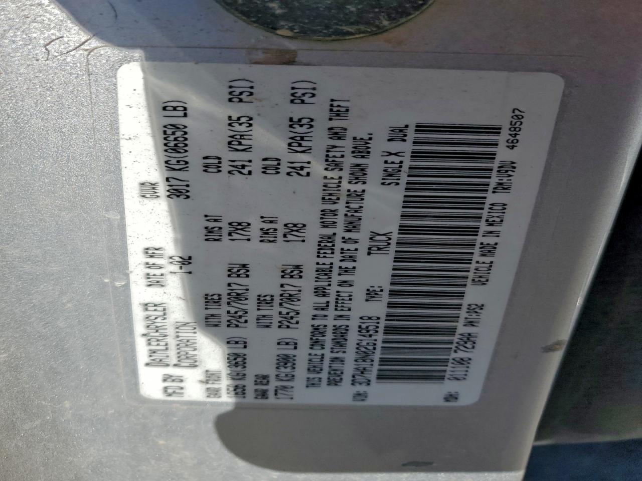 2002 Dodge Ram 1500 VIN: 3D7HA18N02G149518 Lot: 93964405