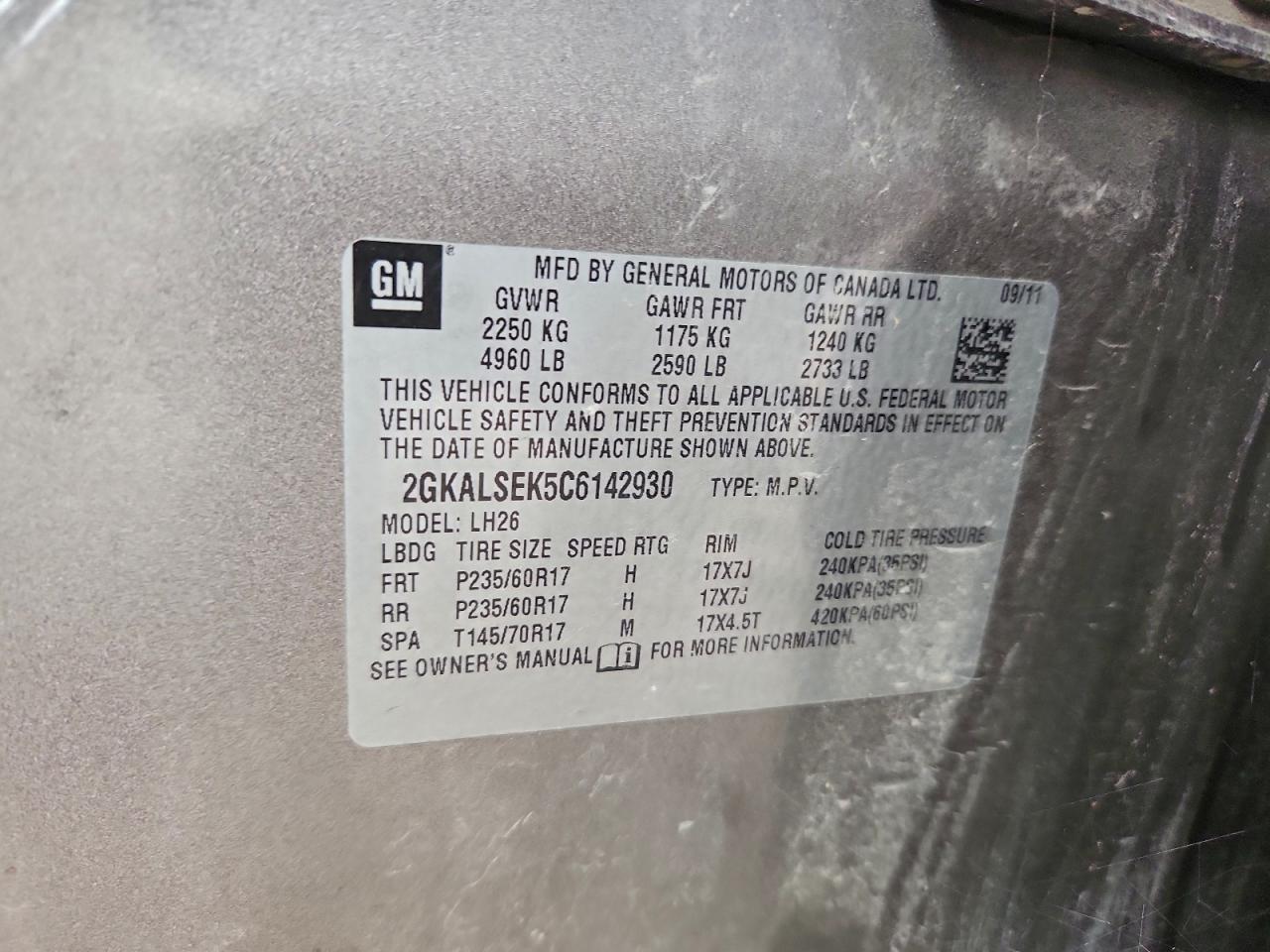 2012 GMC Terrain Sle VIN: 2GKALSEK5C6142930 Lot: 94318365