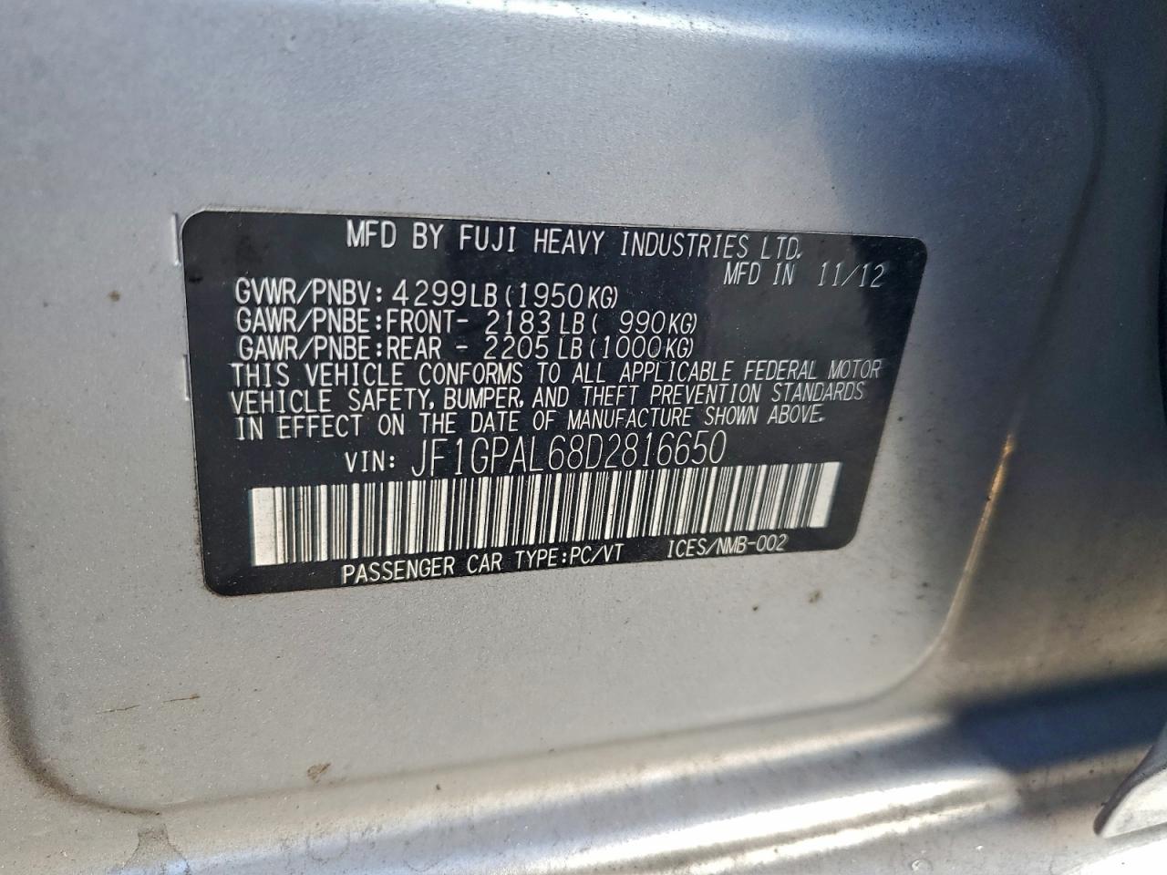 2013 Subaru Impreza Sport Premium VIN: JF1GPAL68D2816650 Lot: 94490655