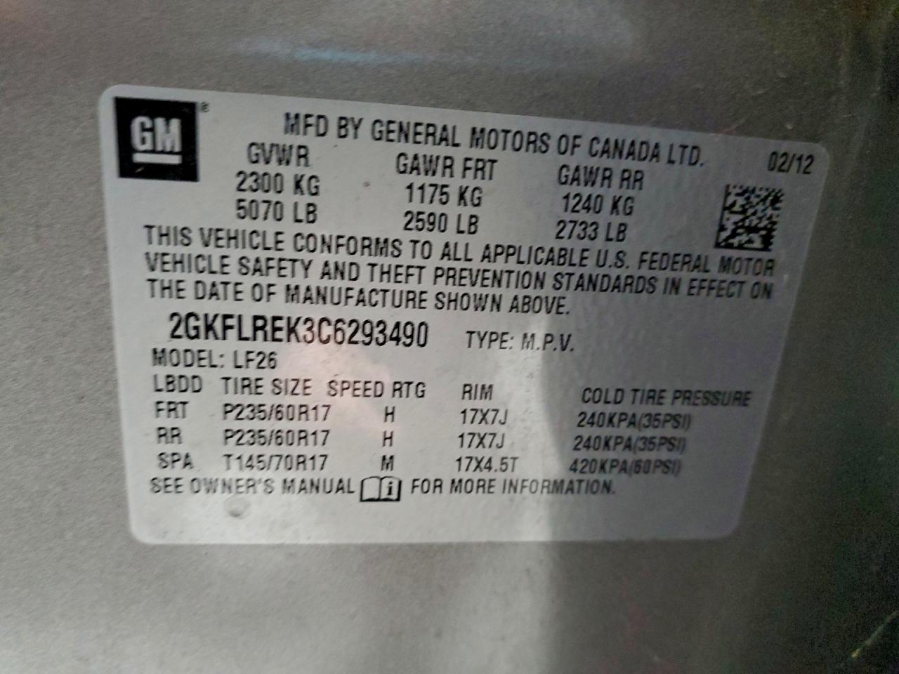 2012 GMC Terrain Sle VIN: 2GKFLREK3C6293490 Lot: 94221715