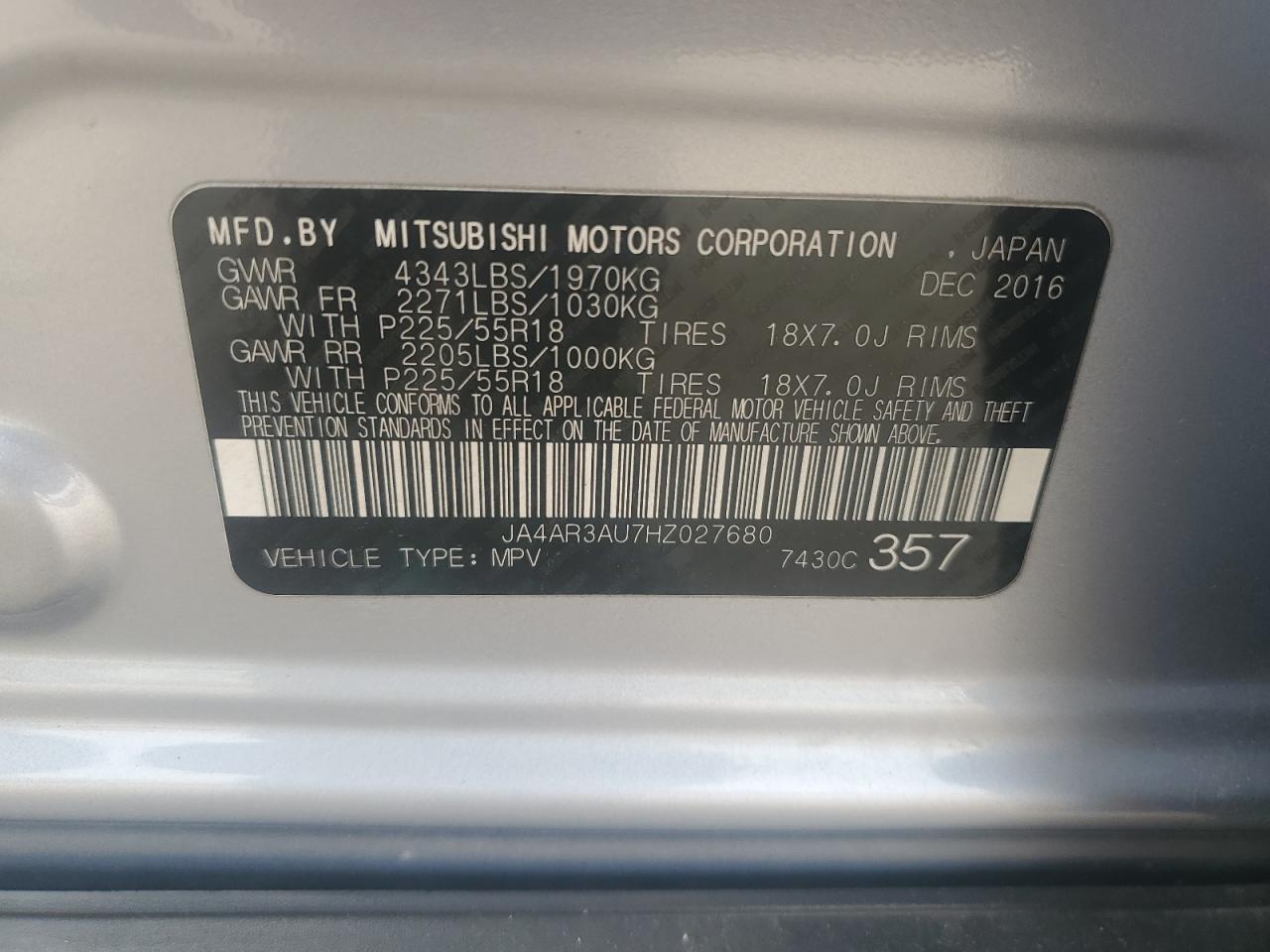 2017 Mitsubishi Outlander Sport Es VIN: JA4AR3AU7HZ027680 Lot: 91324245