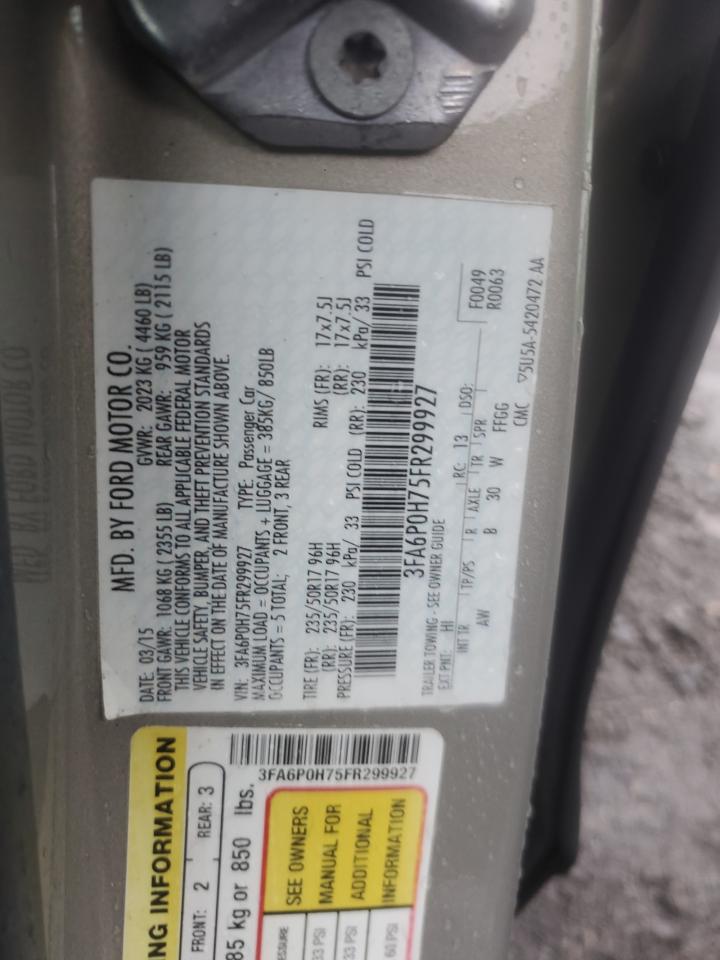 2015 Ford Fusion Se VIN: 3FA6P0H75FR299927 Lot: 91906935