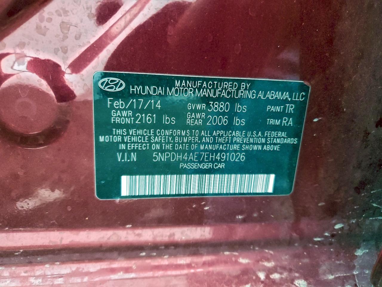 2014 Hyundai Elantra Se VIN: 5NPDH4AE7EH491026 Lot: 94410595