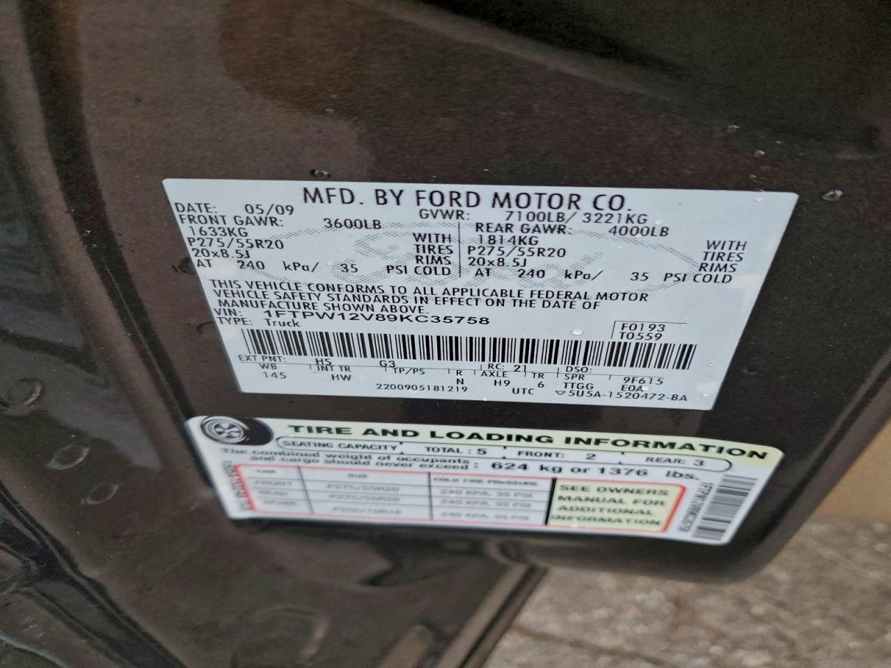 2009 Ford F150 Supercrew VIN: 1FTPW12V89KC35758 Lot: 94168315