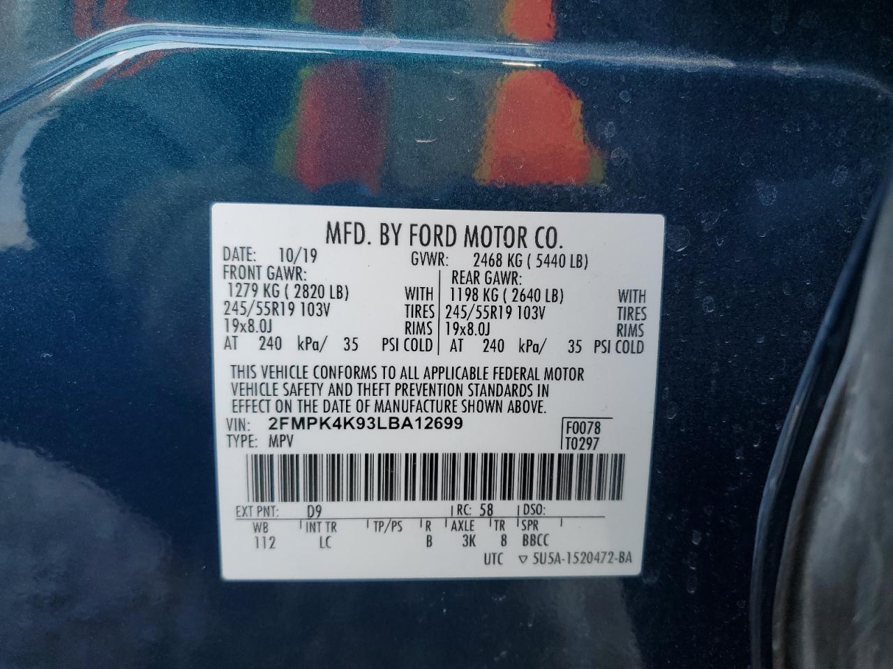 2020 Ford Edge Titanium VIN: 2FMPK4K93LBA12699 Lot: 91774395