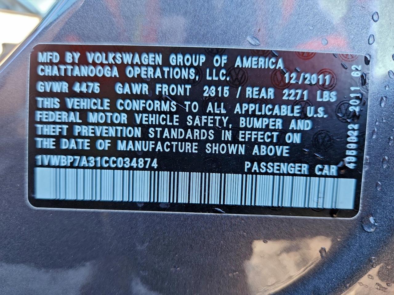 2012 Volkswagen Passat Se VIN: 1VWBP7A31CC034874 Lot: 93772995