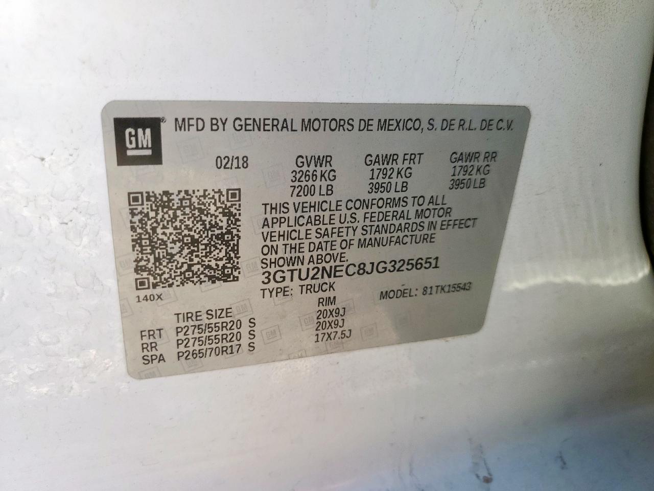 2018 GMC Sierra K1500 Slt VIN: 3GTU2NEC8JG325651 Lot: 92889725