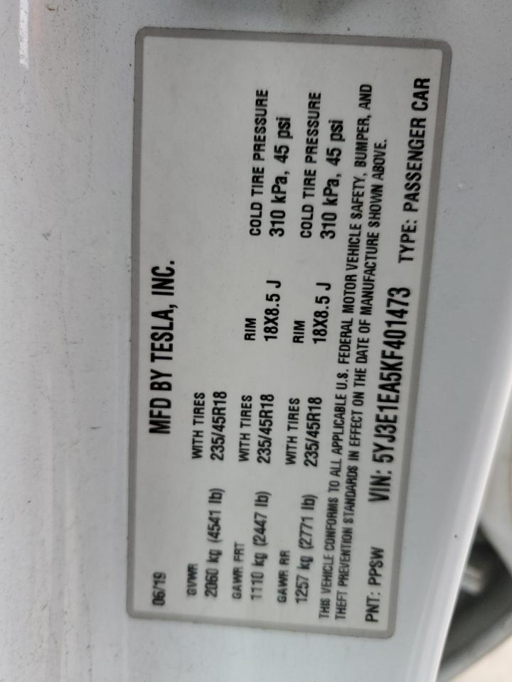 2019 Tesla Model 3 VIN: 5YJ3E1EA5KF401473 Lot: 93331975