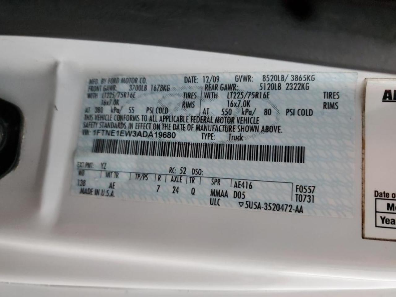 2010 Ford E150 Delivery Van VIN: 1FTNE1EW3ADA19680 Lot: 93108835