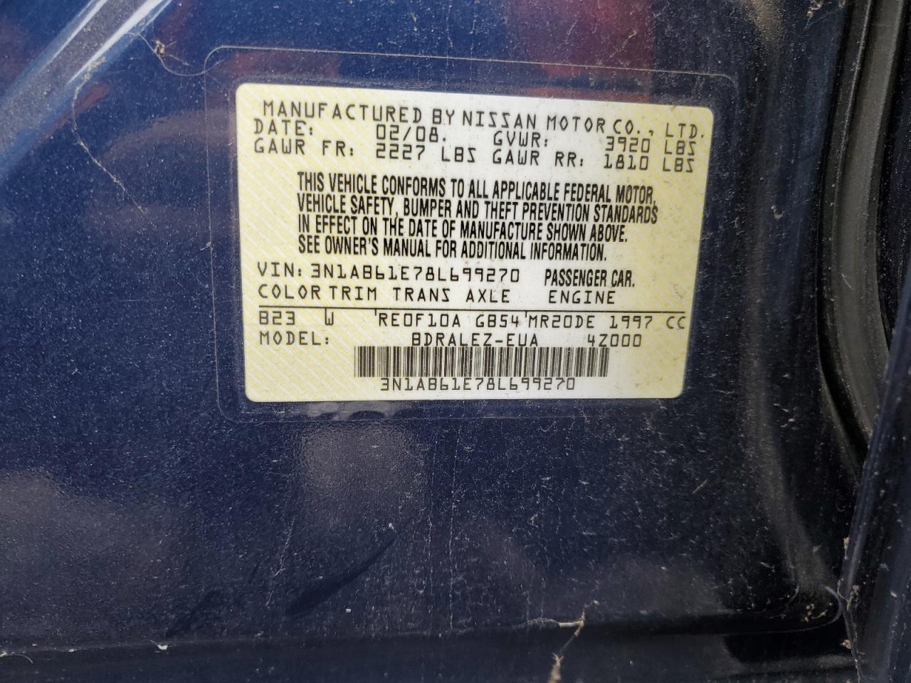 2008 Nissan Sentra 2.0 VIN: 3N1AB61E78L699270 Lot: 92870085