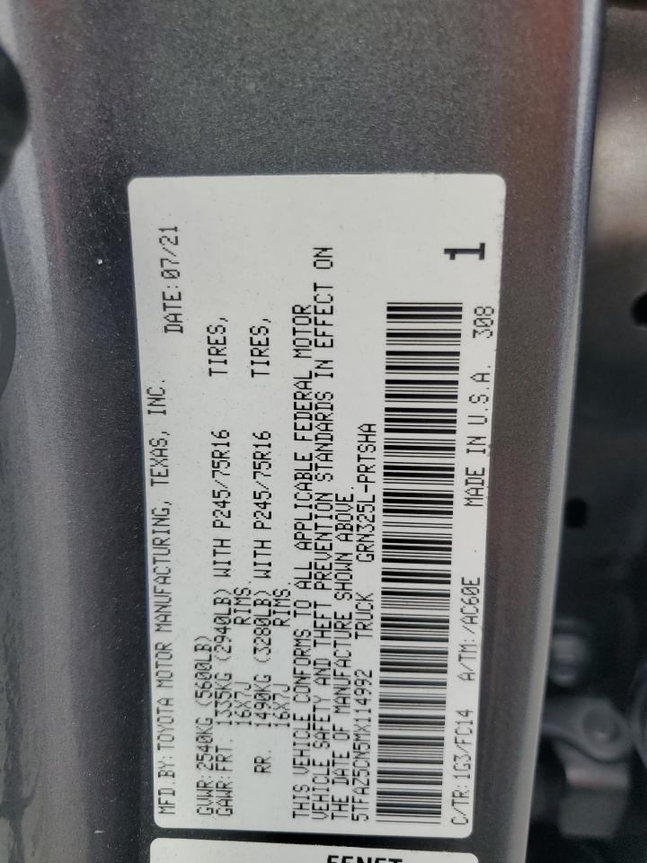 2021 Toyota Tacoma Double Cab VIN: 5TFAZ5CN5MX114992 Lot: 91782865