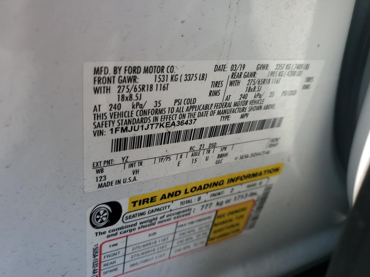 2019 Ford Expedition Xlt VIN: 1FMJU1JT7KEA36437 Lot: 93471505