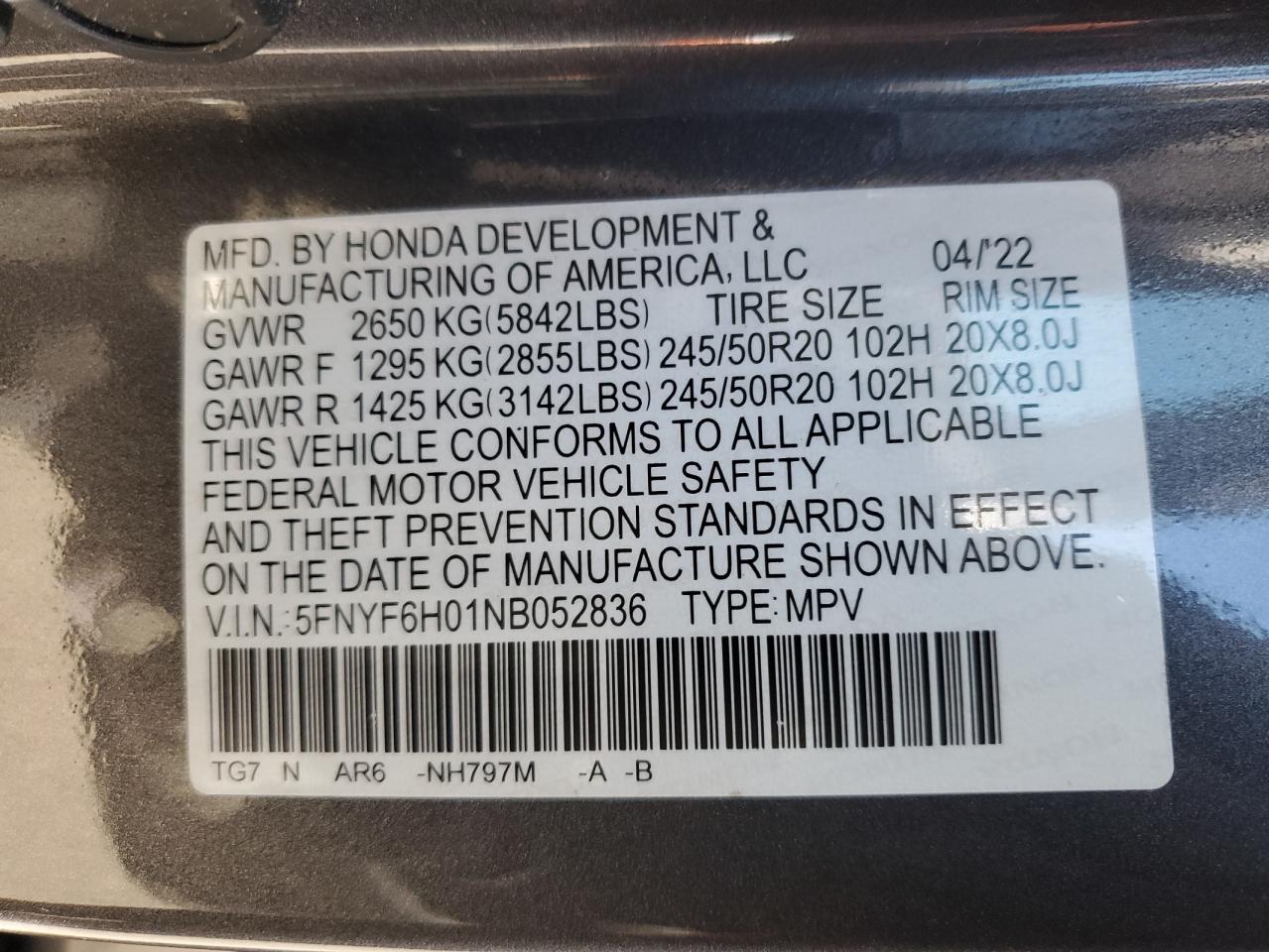 2022 Honda Pilot Elite VIN: 5FNYF6H01NB052836 Lot: 90262265