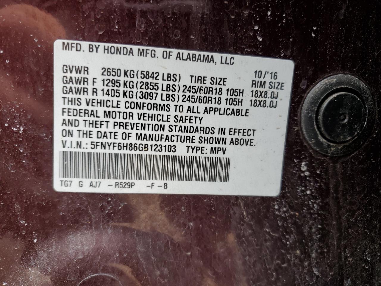 2016 Honda Pilot Exl VIN: 5FNYF6H86GB123103 Lot: 91727575