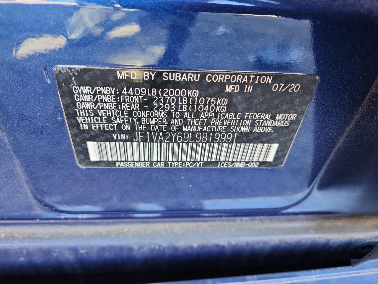 2020 Subaru Wrx Sti Limited VIN: JF1VA2Y69L9819991 Lot: 92651335