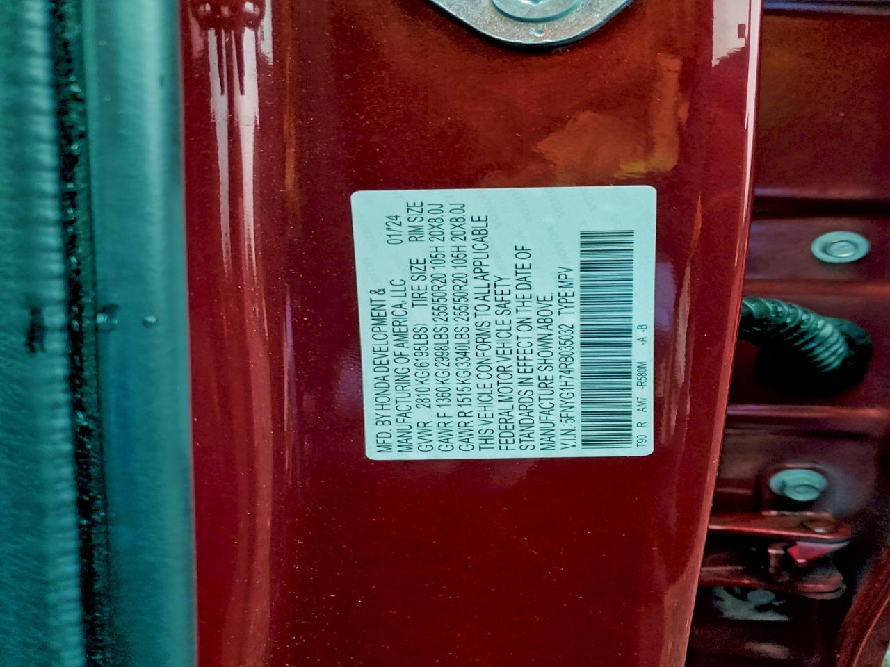 2024 Honda Pilot Touring VIN: 5FNYG1H74RB035032 Lot: 93900305