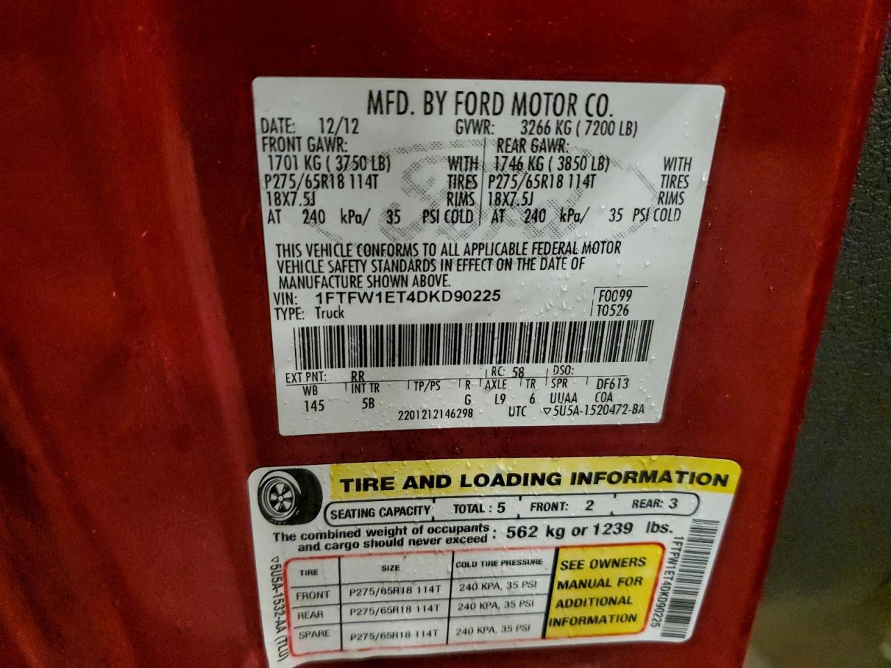 2013 Ford F150 Supercrew VIN: 1FTFW1ET4DKD90225 Lot: 94542135