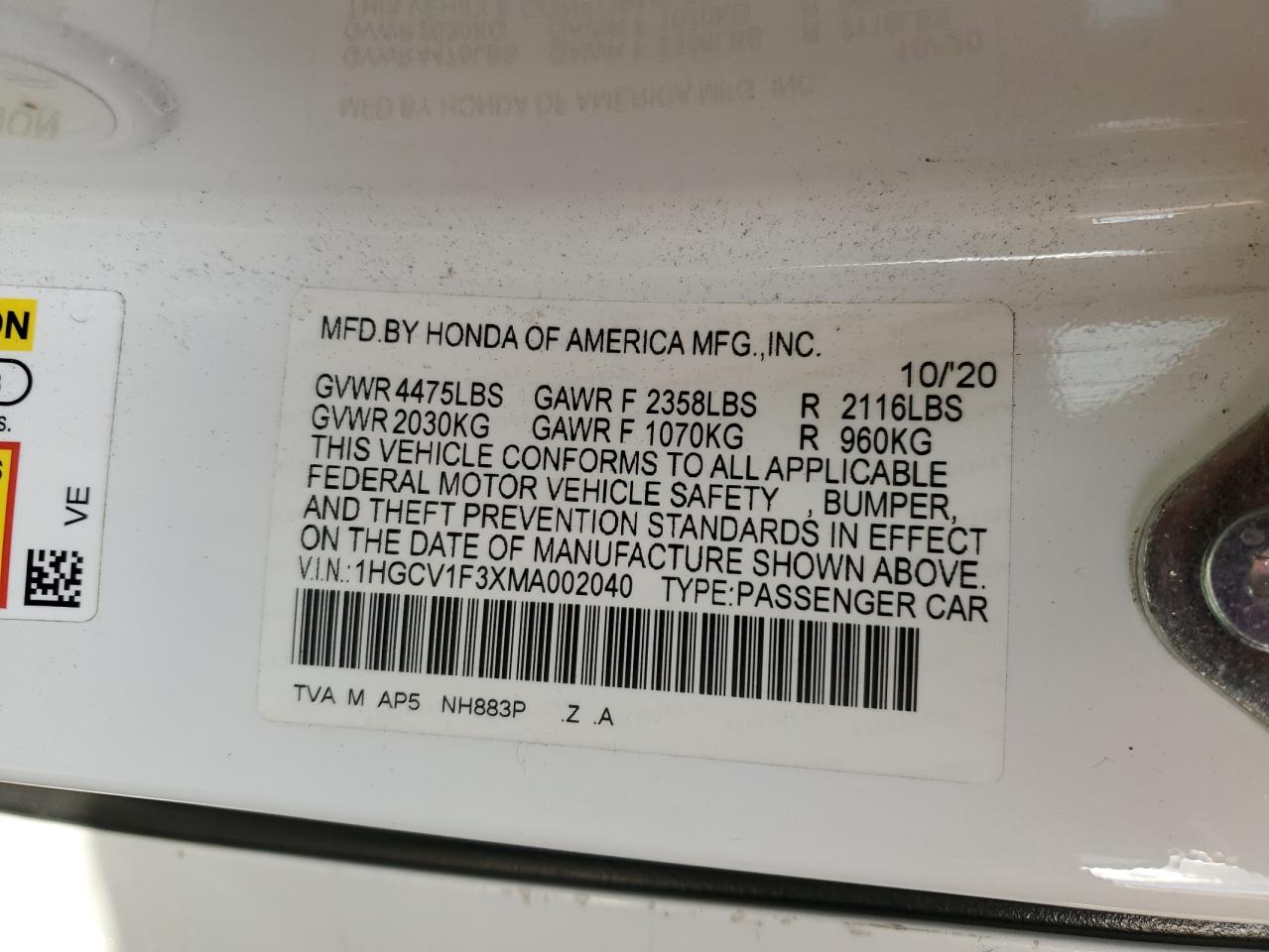 2021 Honda Accord Sport VIN: 1HGCV1F3XMA002040 Lot: 93472425