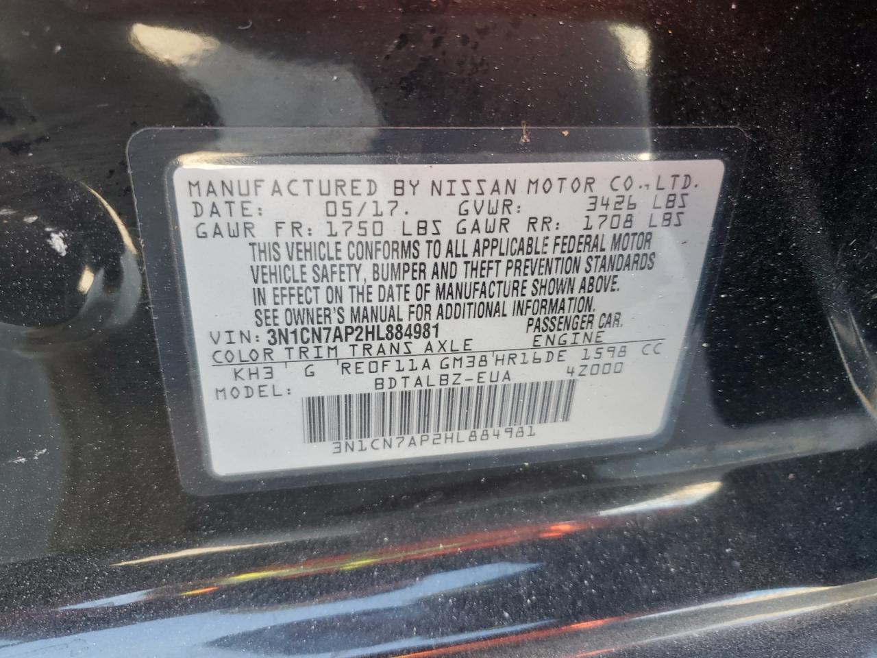 2017 Nissan Versa S VIN: 3N1CN7AP2HL884981 Lot: 93089885