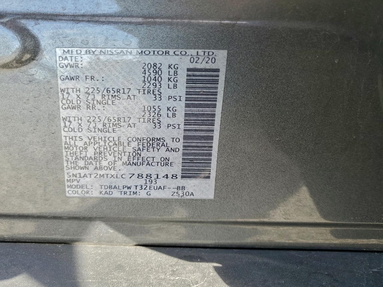 2020 Nissan Rogue S VIN: 5N1AT2MTXLC788148 Lot: 93758325