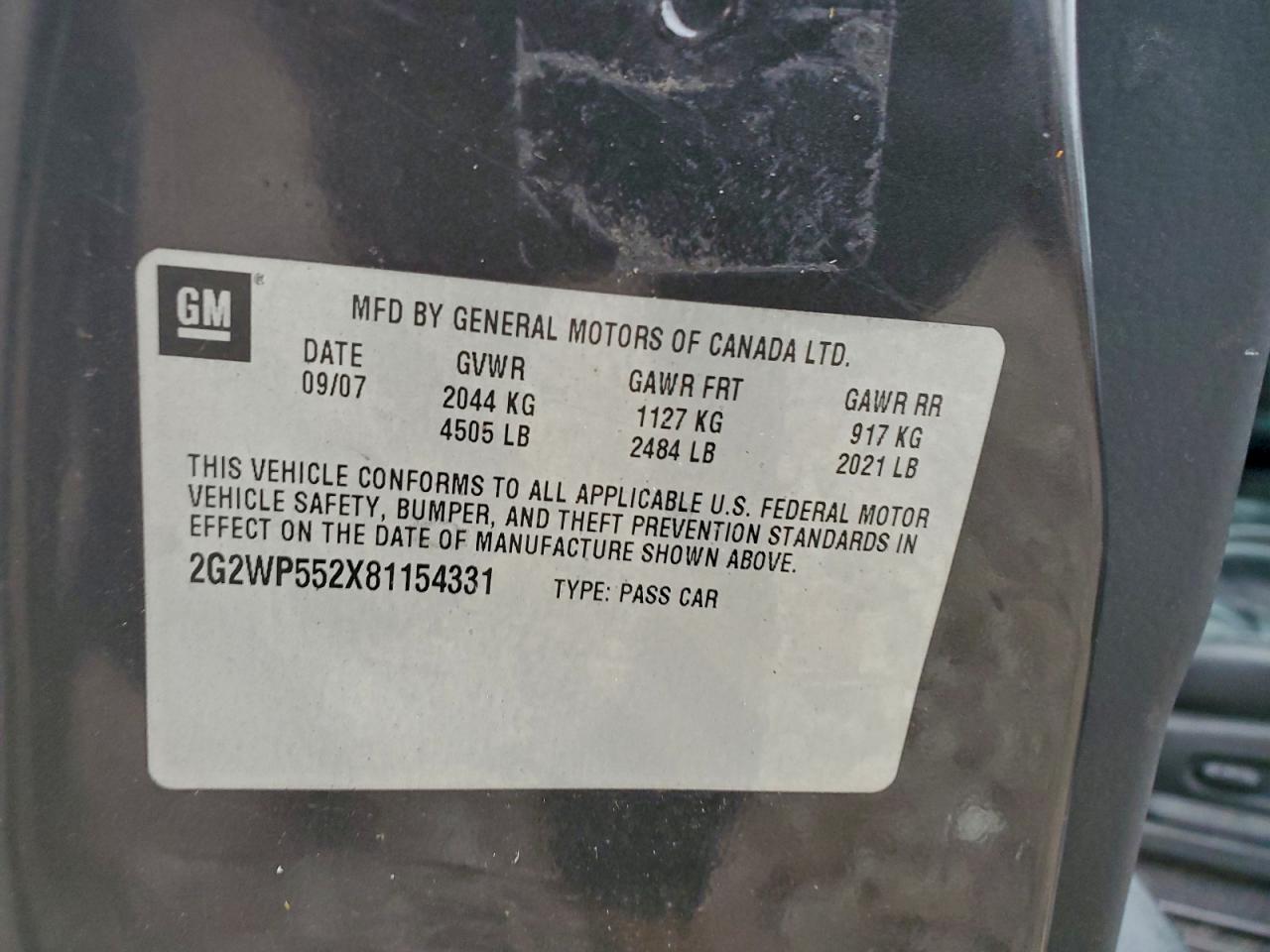 2008 Pontiac Grand Prix VIN: 2G2WP552X81154331 Lot: 94247005