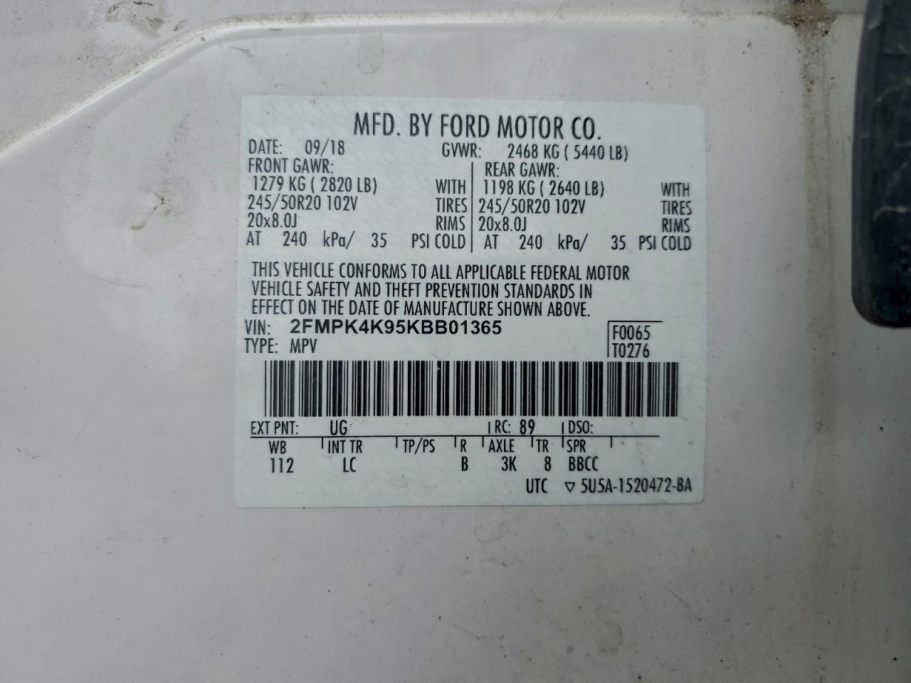 2019 Ford Edge Titanium VIN: 2FMPK4K95KBB01365 Lot: 94269635