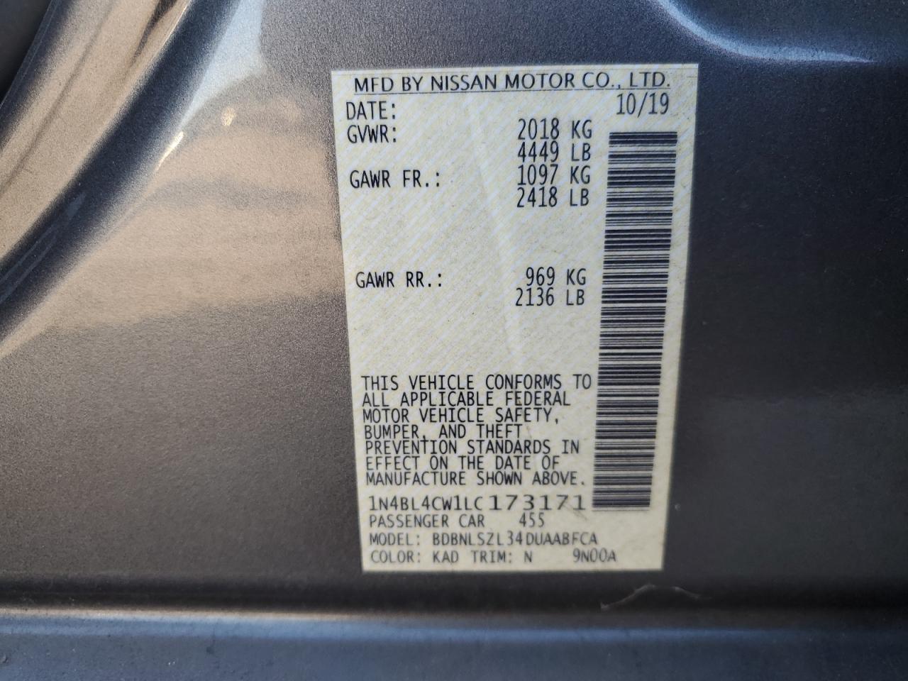 2020 Nissan Altima Sr VIN: 1N4BL4CW1LC173171 Lot: 92926035