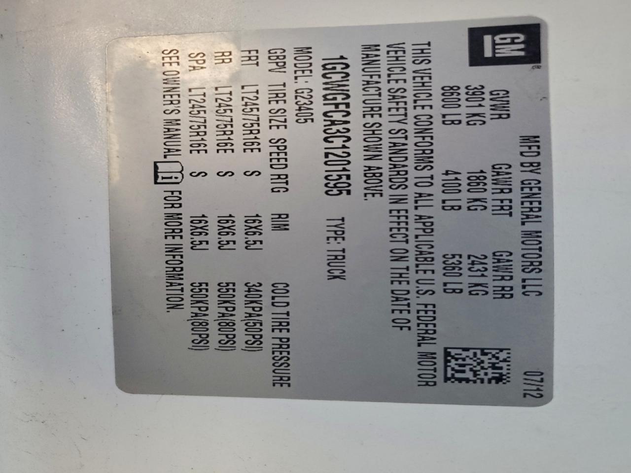 2012 Chevrolet Express G2500 VIN: 1GCWGFCA3C1201595 Lot: 94248365