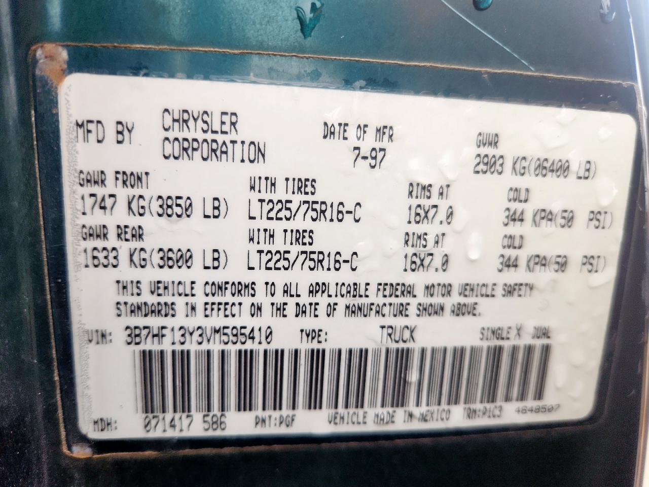 1997 Dodge Ram 1500 VIN: 3B7HF13Y3VM595410 Lot: 93462475