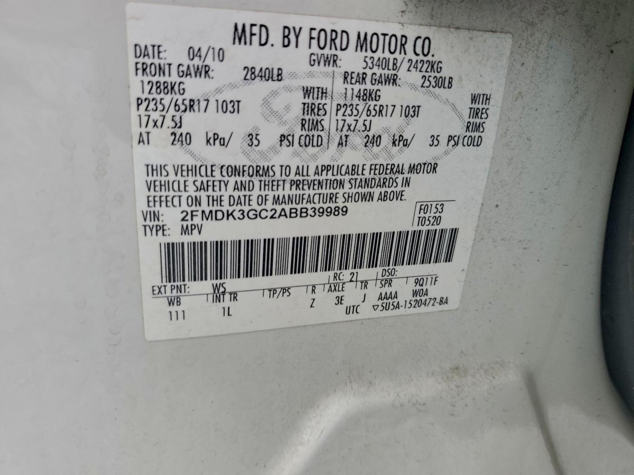 2010 Ford Edge Se VIN: 2FMDK3GC2ABB39989 Lot: 93904345