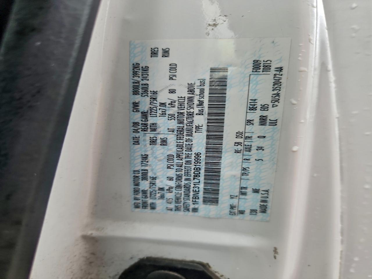 2008 Ford Econoline E350 Super Duty Wagon VIN: 1FBNE31L78DB19996 Lot: 93254155