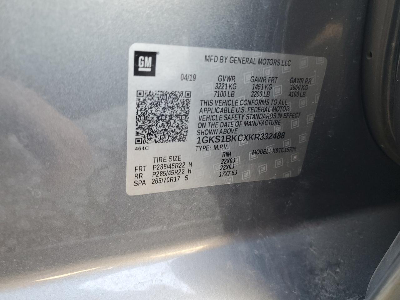 2019 GMC Yukon Slt VIN: 1GKS1BKCXKR332488 Lot: 91690765