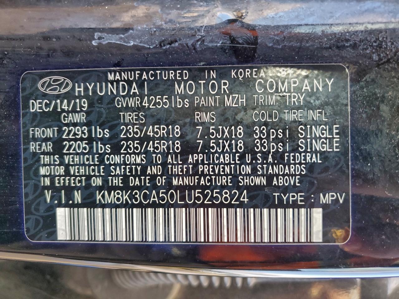 2020 Hyundai Kona Limited VIN: KM8K3CA50LU525824 Lot: 94720295