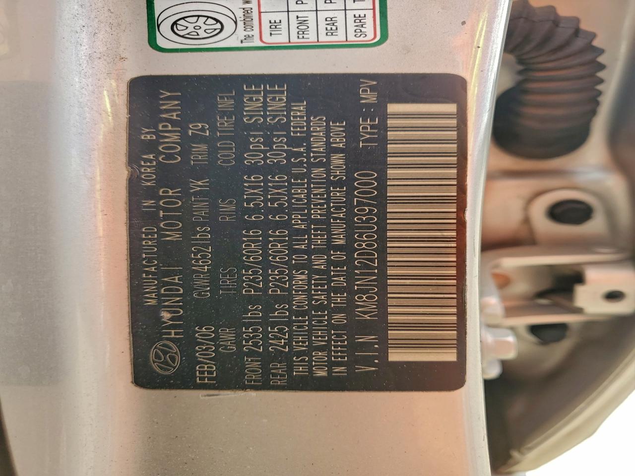 2006 Hyundai Tucson Gls VIN: KM8JN12D86U397000 Lot: 92876235