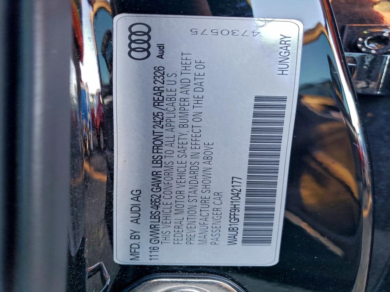 2017 Audi S3 Premium Plus VIN: WAUB1GFF9H1042177 Lot: 93449825