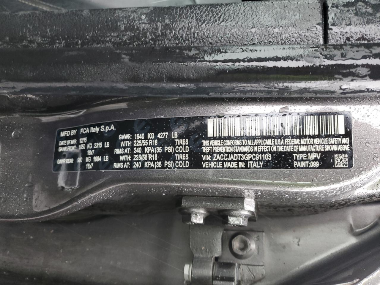 2016 Jeep Renegade Limited VIN: ZACCJADT3GPC91103 Lot: 92828975