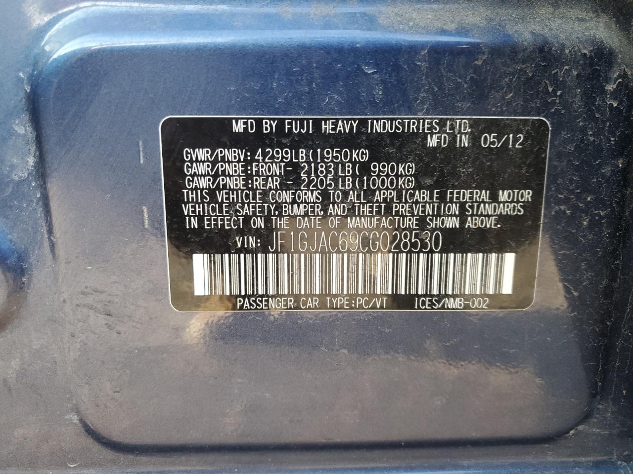 2012 Subaru Impreza Premium VIN: JF1GJAC69CG028530 Lot: 93627675