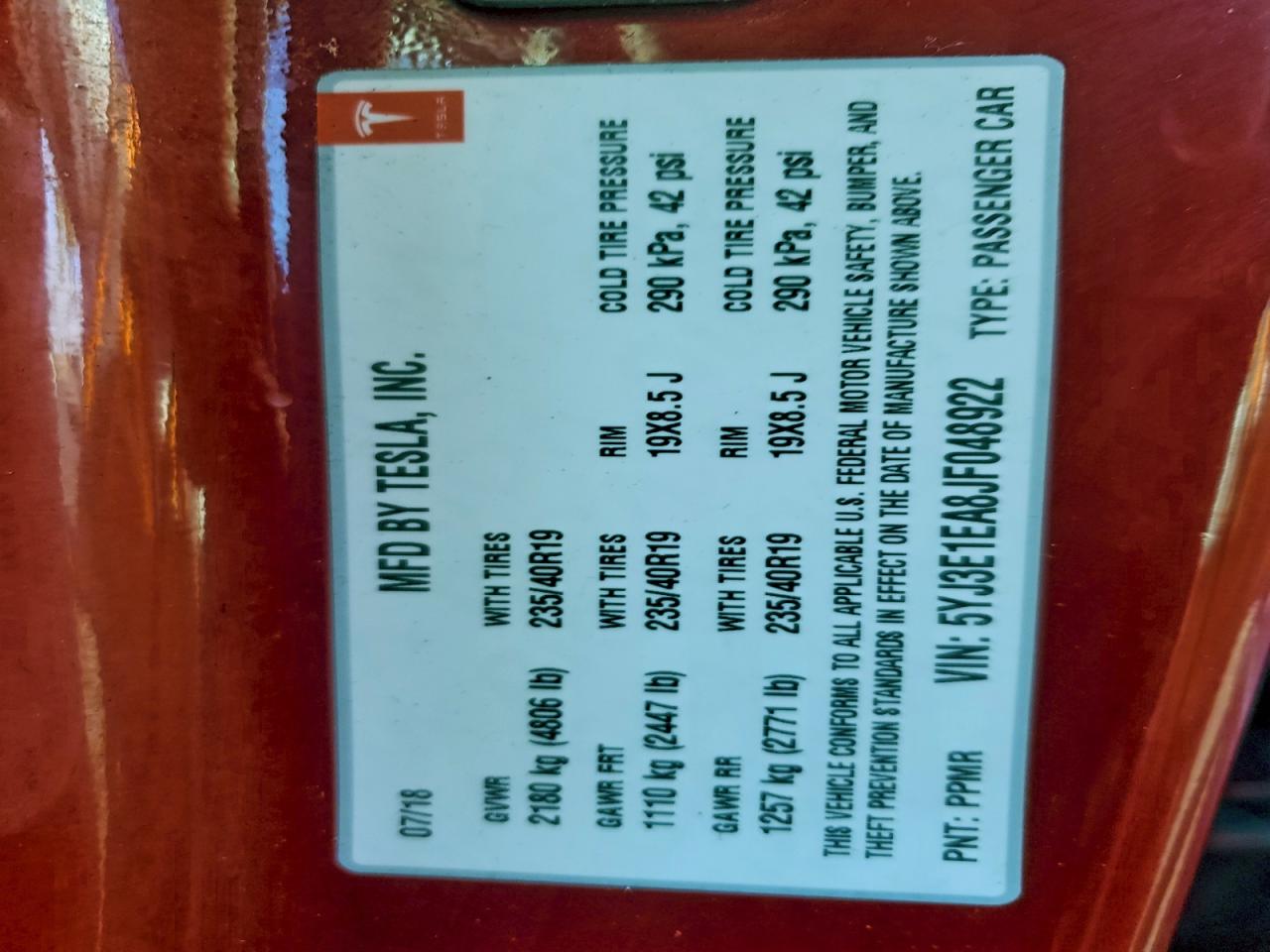 2018 Tesla Model 3 VIN: 5YJ3E1EA8JF048922 Lot: 93477235