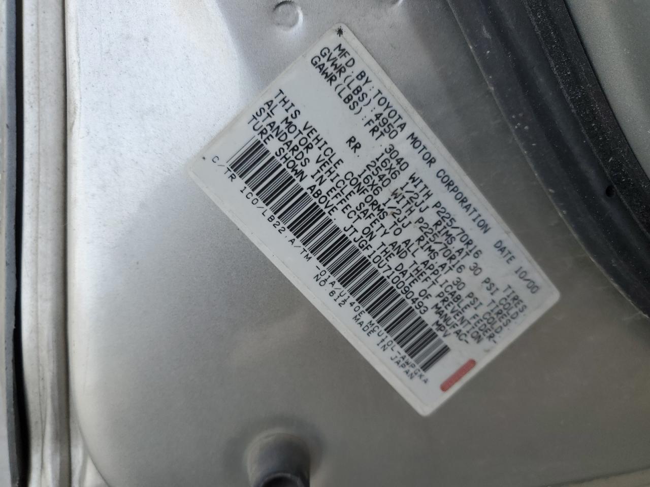 2001 Lexus Rx 300 VIN: JTJGF10U710090493 Lot: 91801275