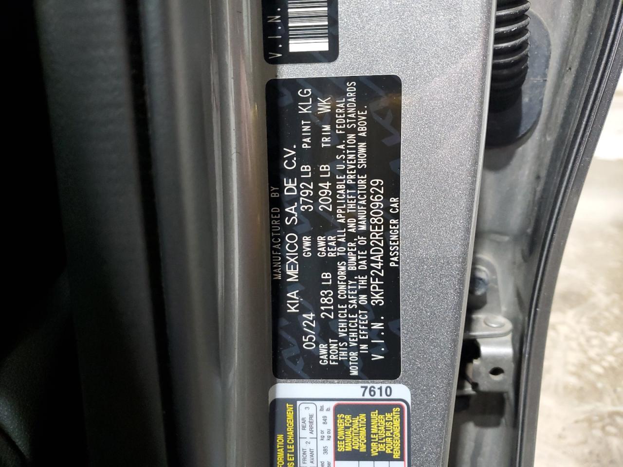 2024 Kia Forte Lx VIN: 3KPF24AD2RE809629 Lot: 92402115