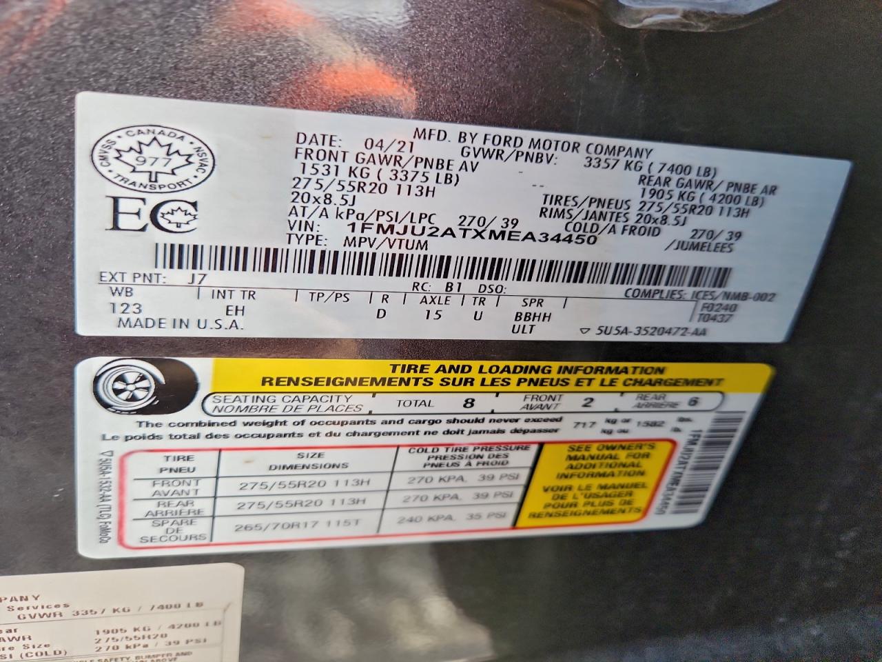 2021 Ford Expedition Limited VIN: 1FMJU2ATXMEA34450 Lot: 92285085