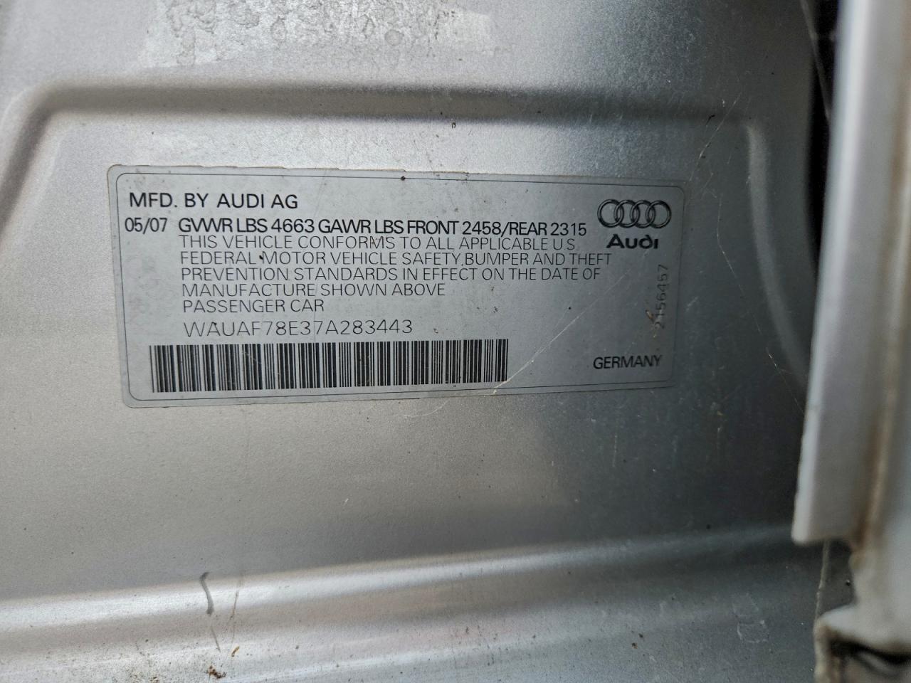 2007 Audi A4 2 VIN: WAUAF78E37A283443 Lot: 94020305