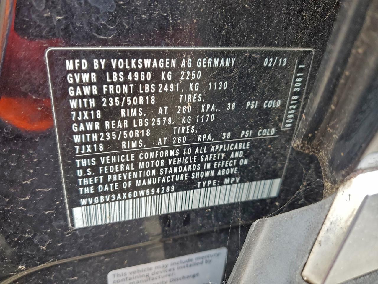 2013 Volkswagen Tiguan S VIN: WVGBV3AX6DW594289 Lot: 93740985