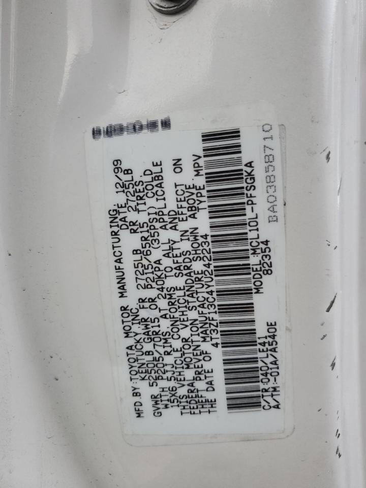 2000 Toyota Sienna Le VIN: 4T3ZF13C4YU242234 Lot: 91557675